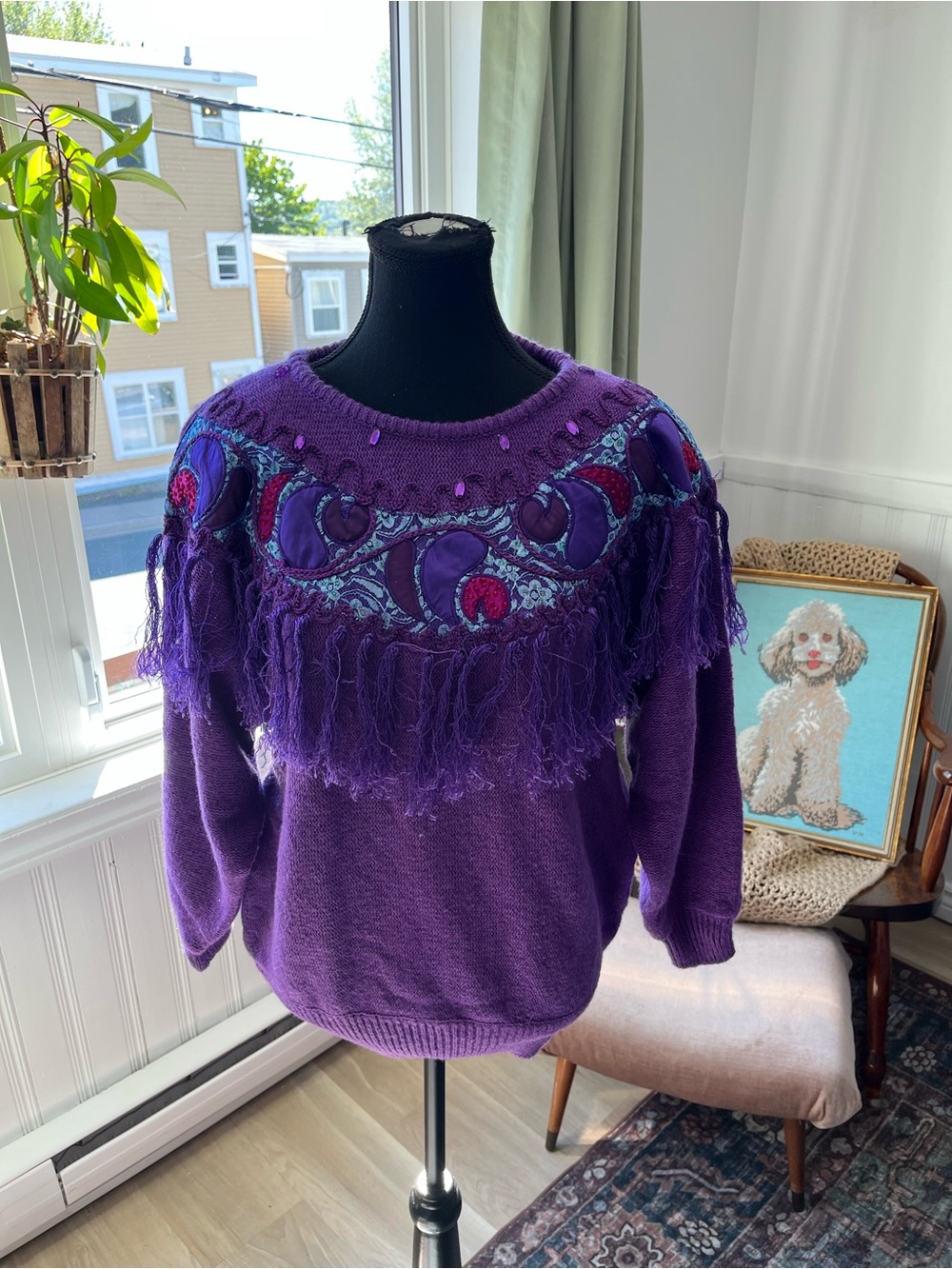 Women’s Vintage 80’s Purple Fringe Embellished Sweater Size M